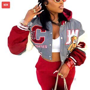 Lightweight Varsity Jacket with Patches, Stand-Up Collar, Button Closure